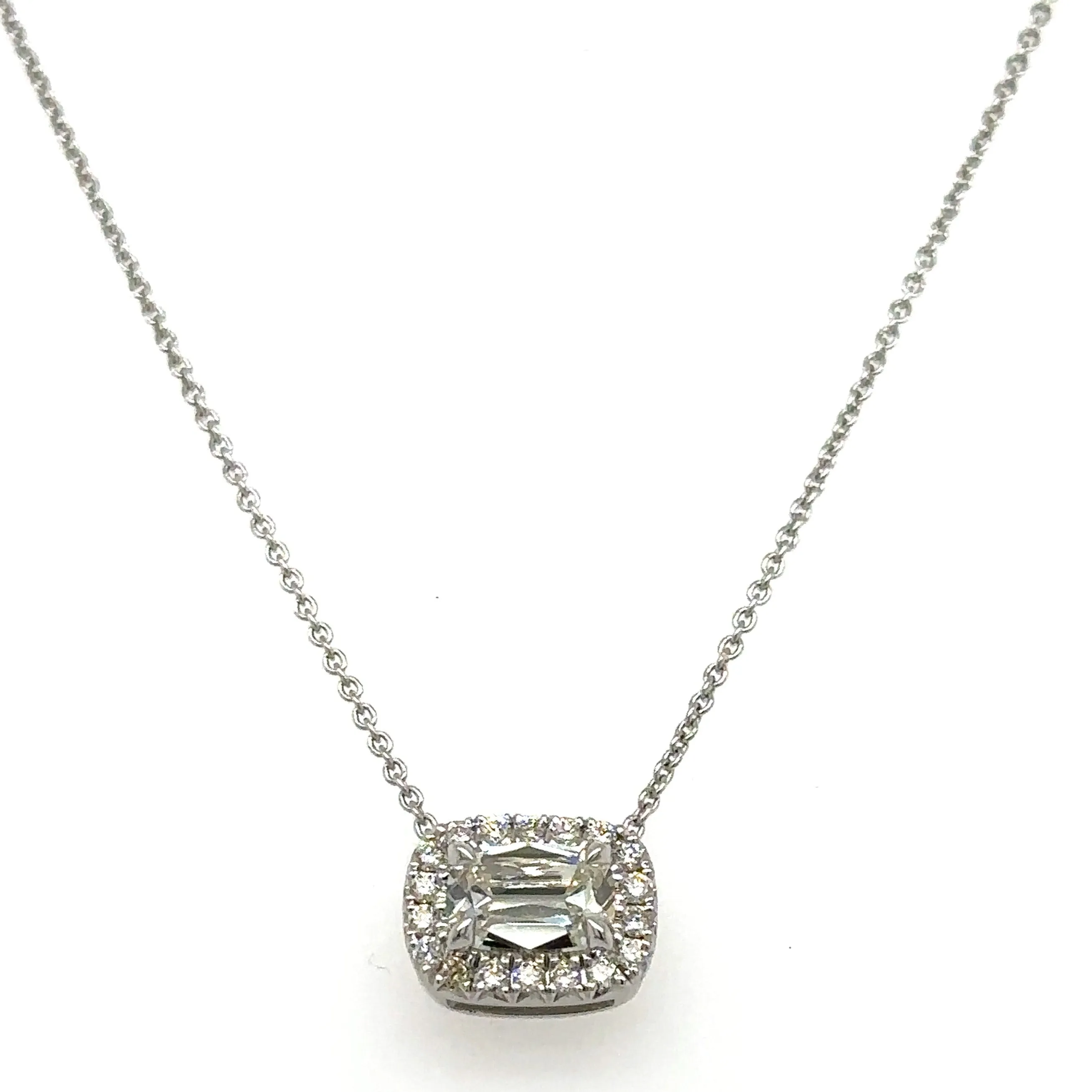 Henri Daussi Designer Signed 0.67ct t.w. Diamond Cushion Brilliant Cut Halo East - West Set Solitaire Pendant Necklace