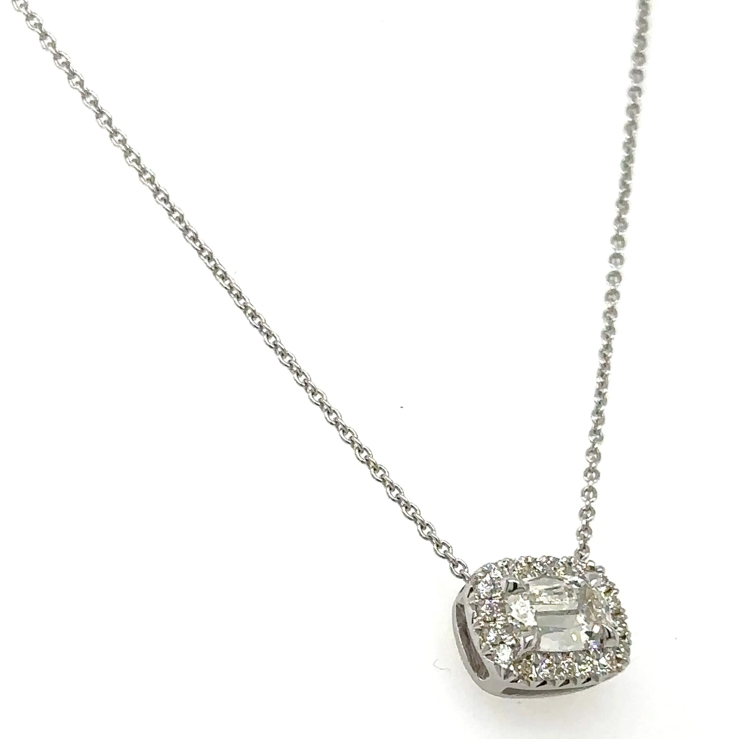 Henri Daussi Designer Signed 0.67ct t.w. Diamond Cushion Brilliant Cut Halo East - West Set Solitaire Pendant Necklace