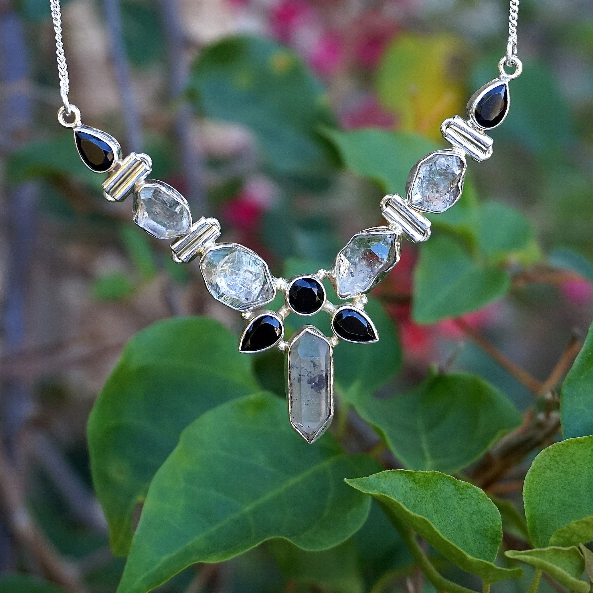 Herkimer Diamond Quartz Crystal and Black Onyx Hinged Necklace 1