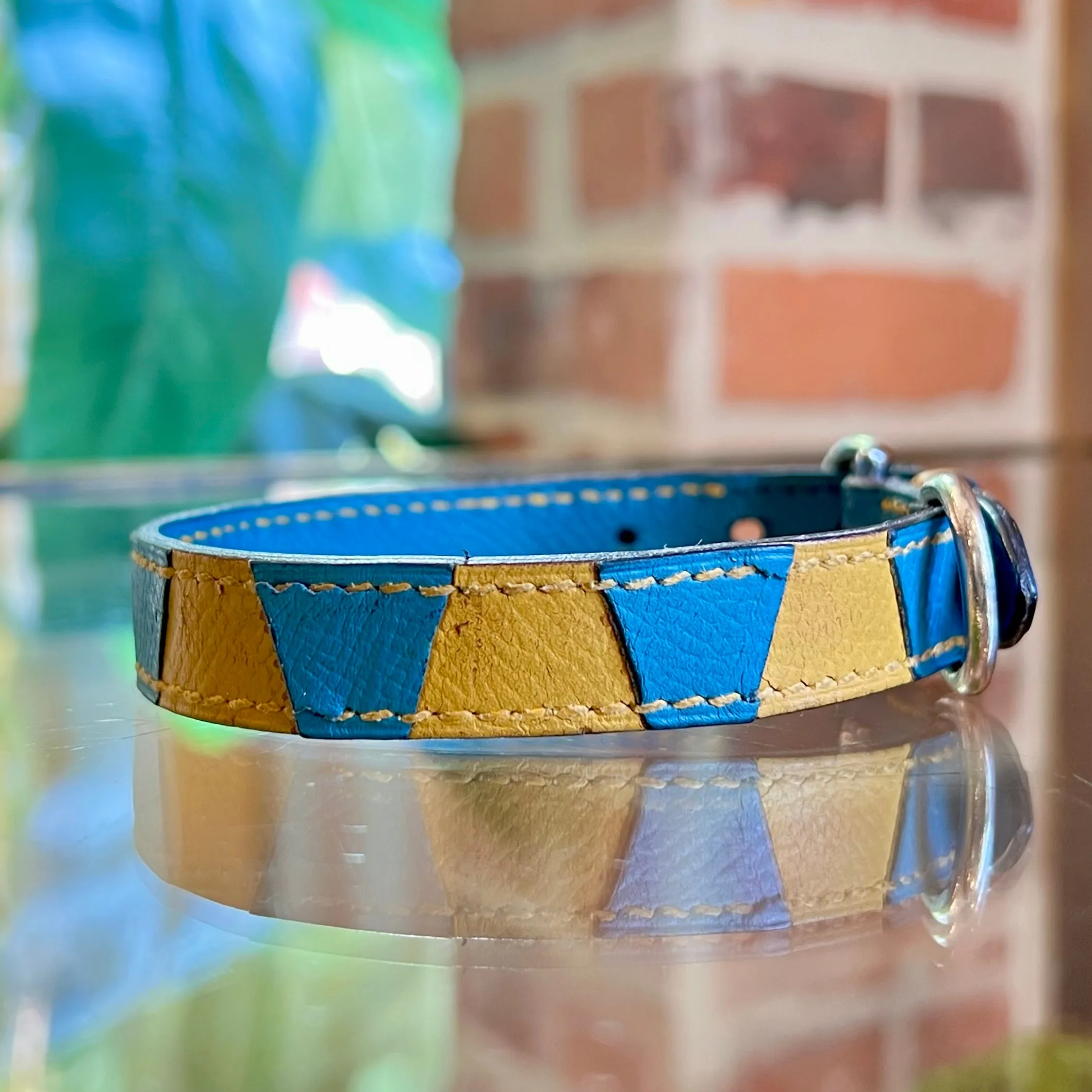 HERMES Blue Jean Jaune Sable Epsom Leather Dog Collar