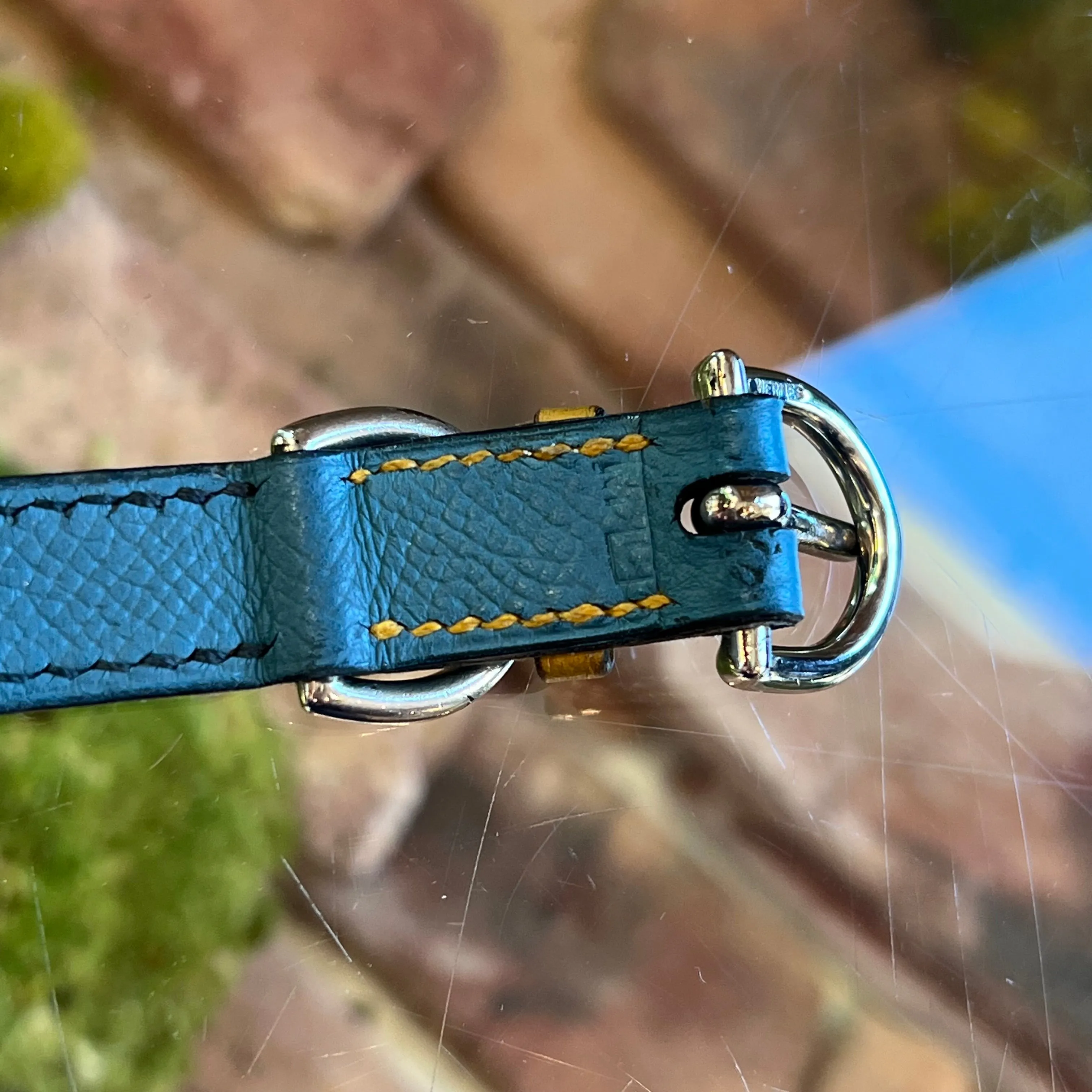 HERMES Blue Jean Jaune Sable Epsom Leather Dog Collar