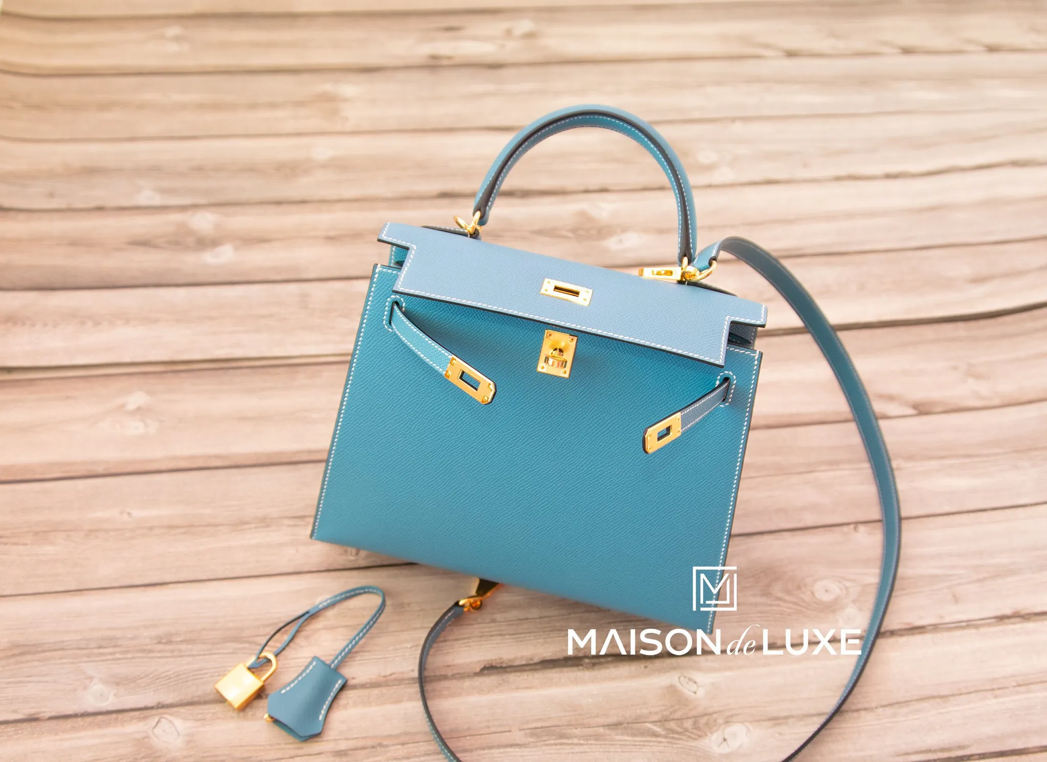 Hermes Kelly Sellier 25 Blue Jean Gold Hardware