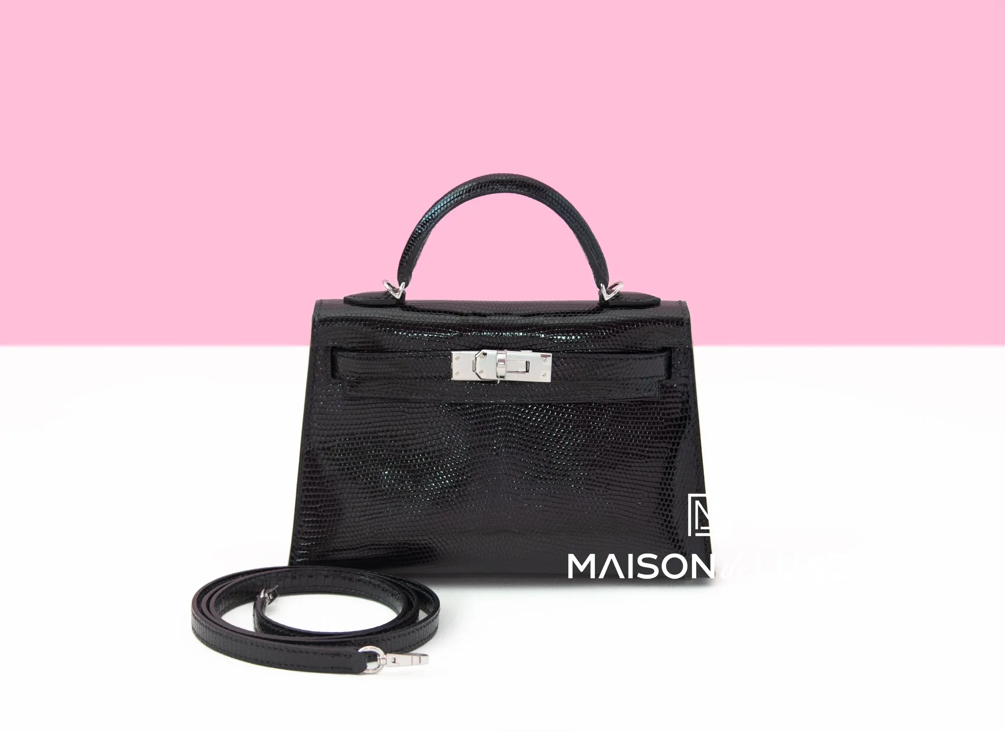 Hermes Mini Kelly II 20 Black Lizard Palladium Hardware