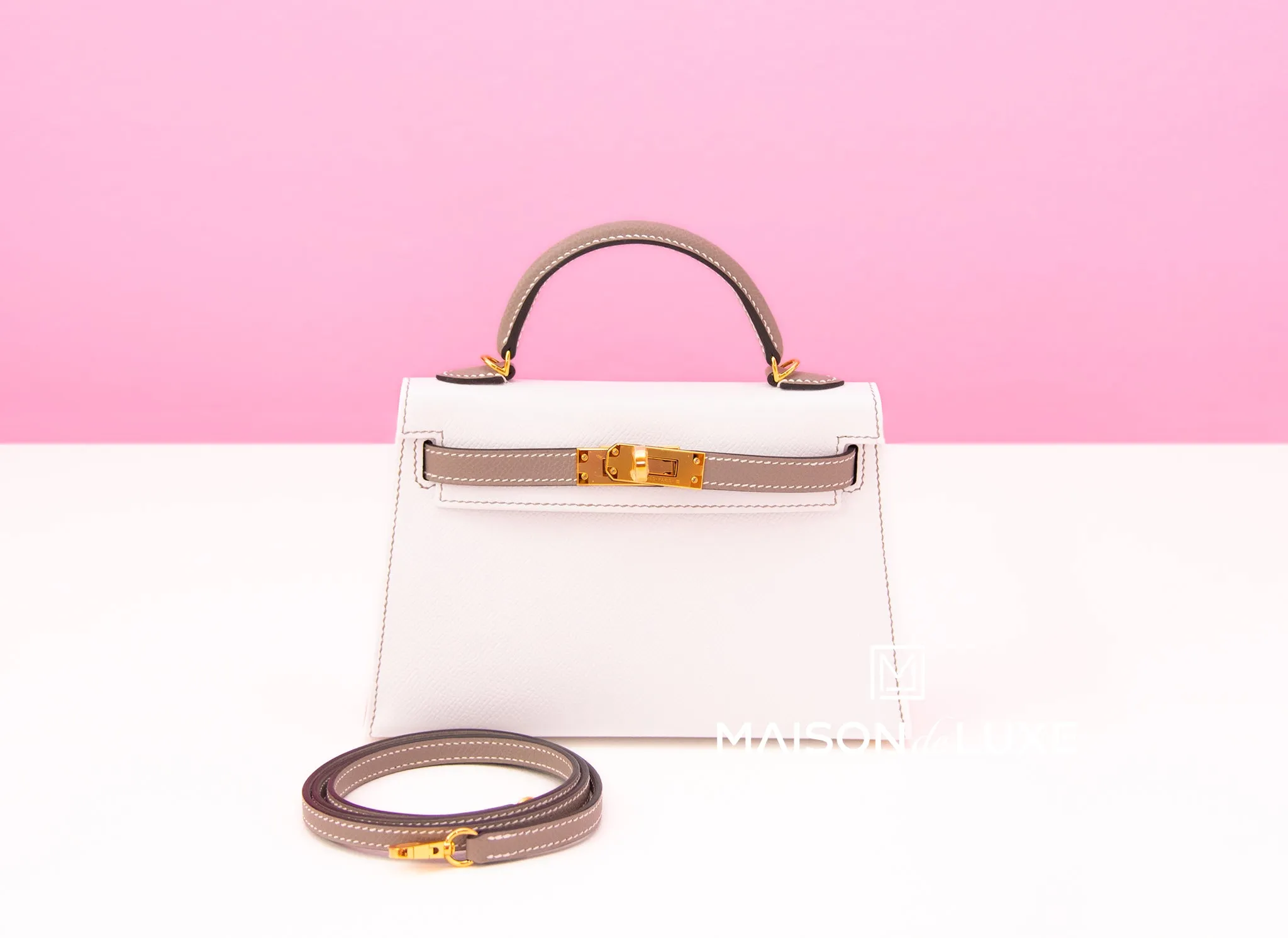 Hermes Mini Kelly II 20 Blanc / Gris Asphalt Epsom