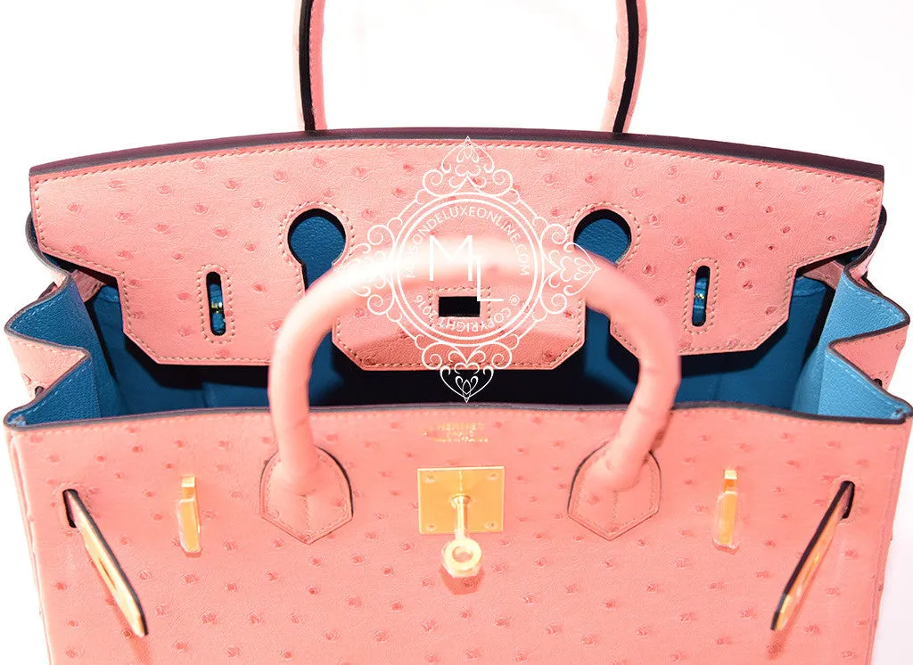 Hermes Pink Terre Cuite   Cobalt Blue Special Order Ostrich Birkin 30 Handbag