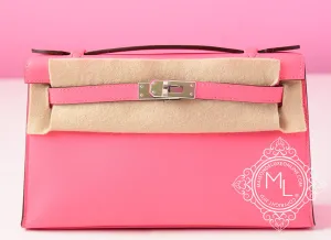 Hermes Rose Azalee PHW Mini Kelly Pochette Clutch