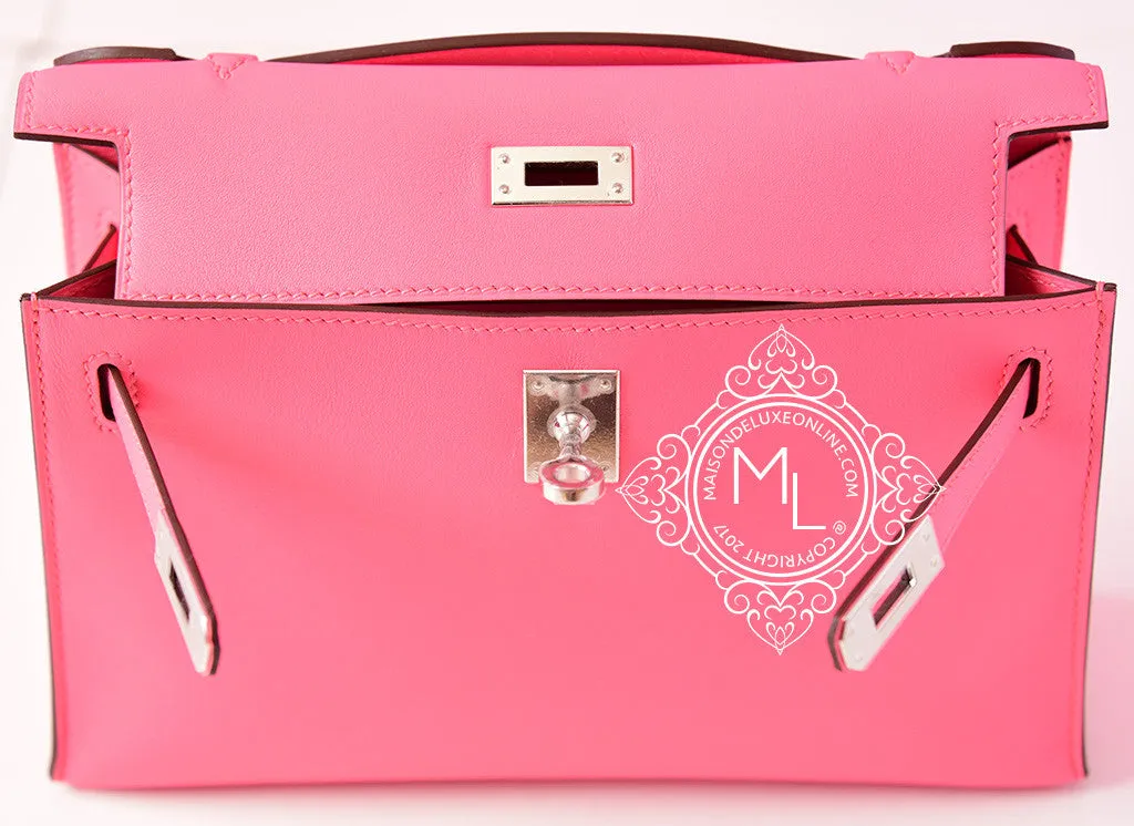 Hermes Rose Azalee PHW Mini Kelly Pochette Clutch
