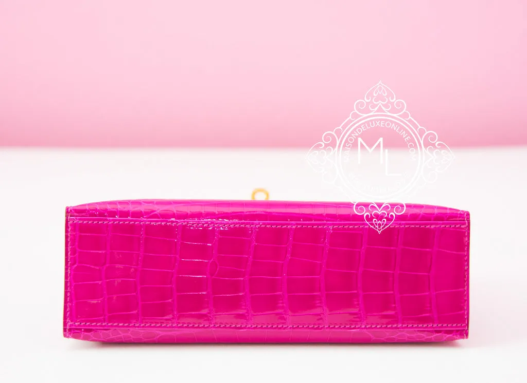 Hermes Rose Scheherazade Crocodile Mini Kelly Pochette Clutch