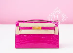 Hermes Rose Scheherazade Crocodile Mini Kelly Pochette Clutch