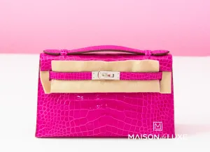 Hermes Rose Scheherazade Crocodile Mini Kelly Pochette Clutch