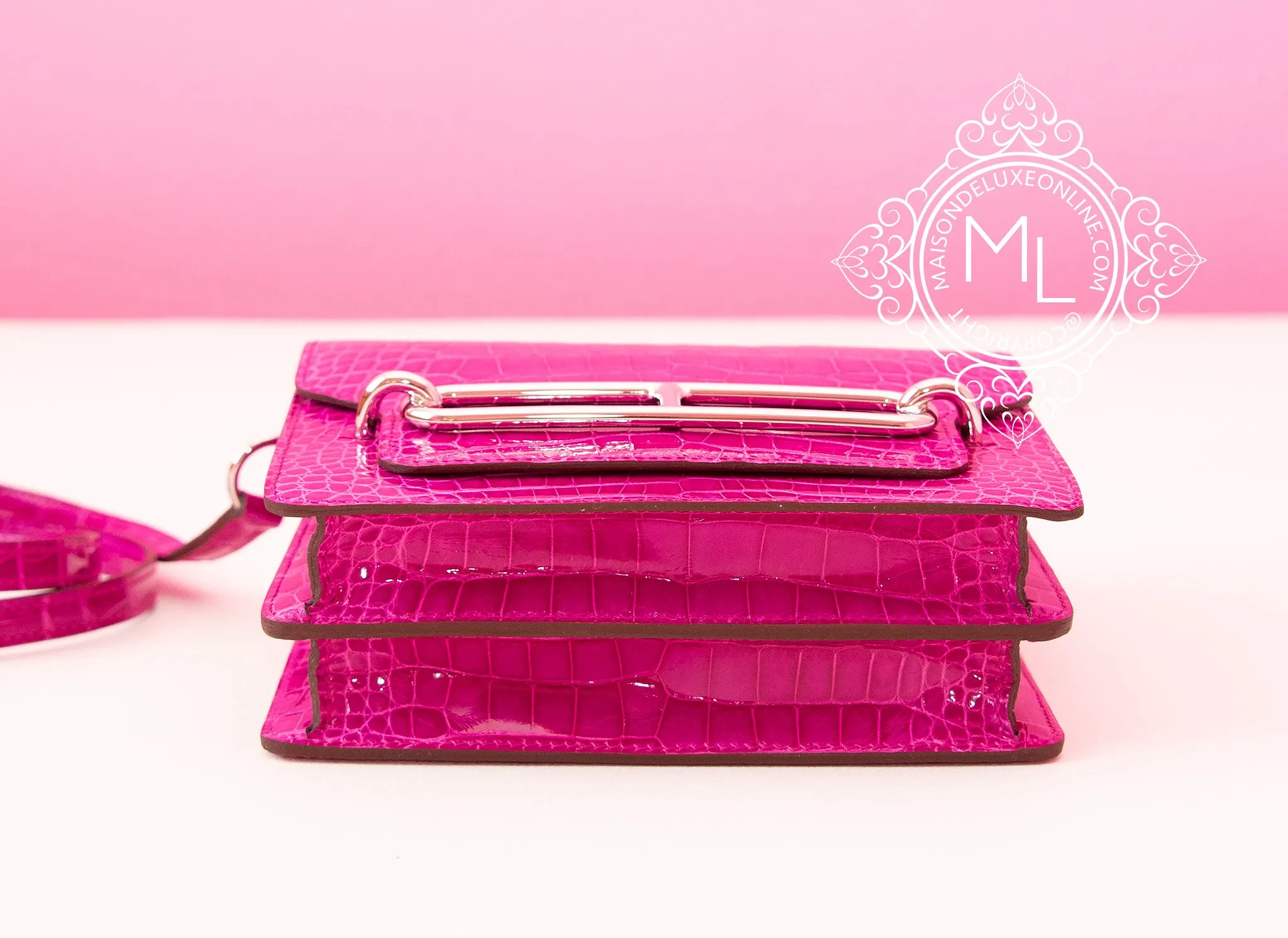 Hermes Roulis Mini 18 Rose Scheherazade Crocodile Alligator Handbag