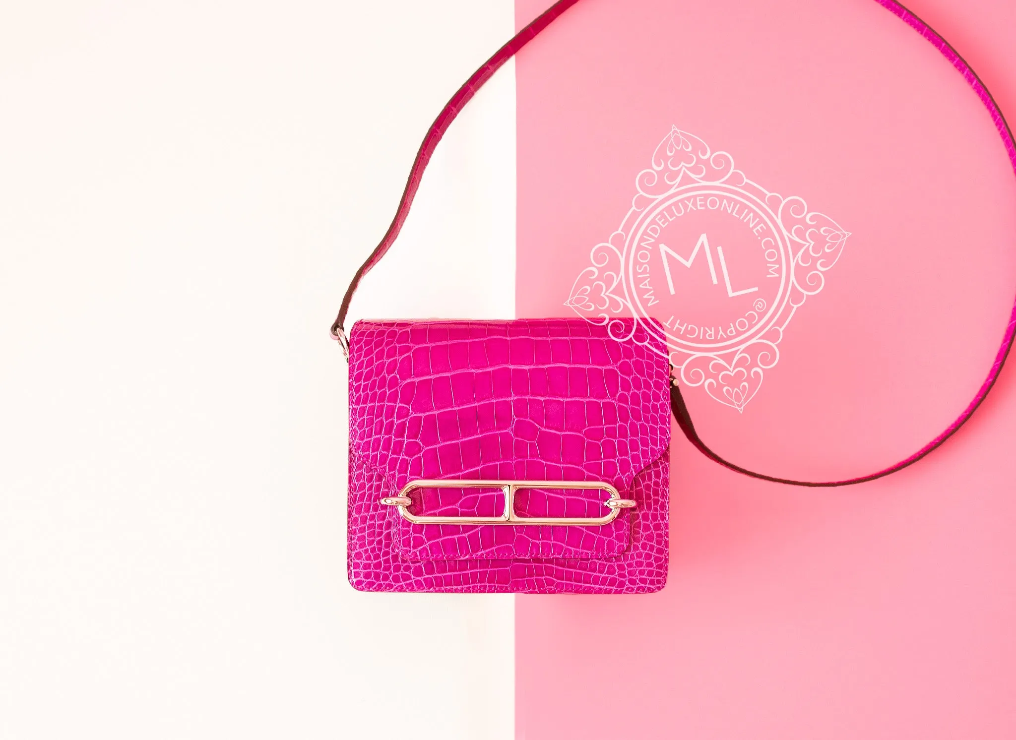Hermes Roulis Mini 18 Rose Scheherazade Crocodile Alligator Handbag