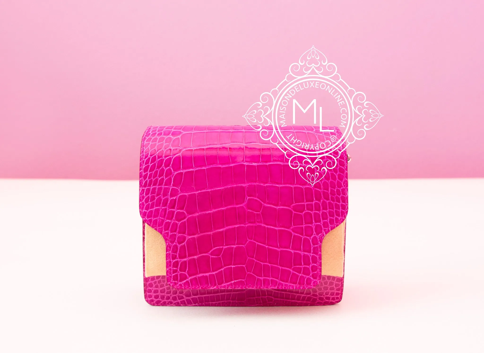 Hermes Roulis Mini 18 Rose Scheherazade Crocodile Alligator Handbag