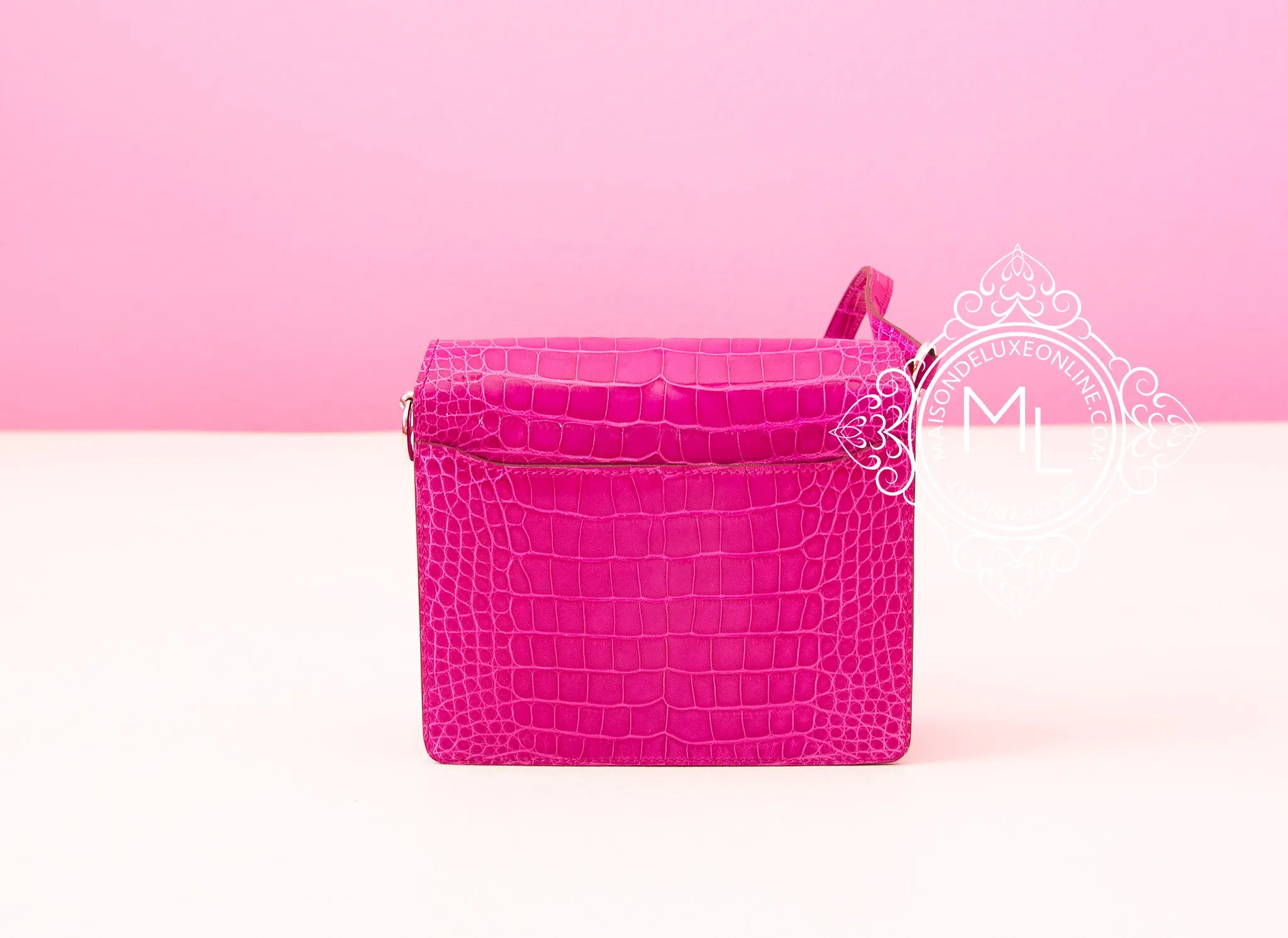 Hermes Roulis Mini 18 Rose Scheherazade Crocodile Alligator Handbag
