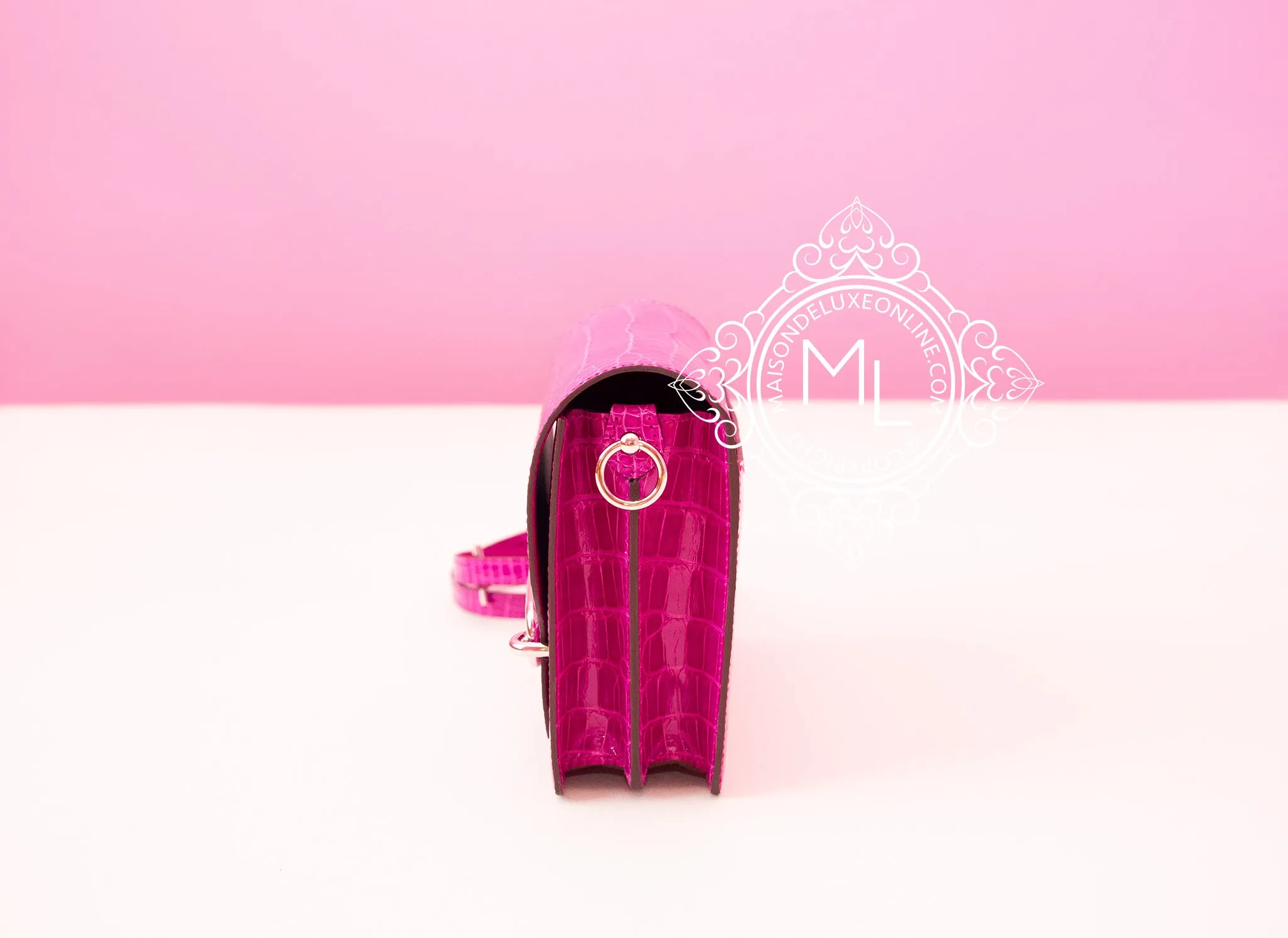 Hermes Roulis Mini 18 Rose Scheherazade Crocodile Alligator Handbag