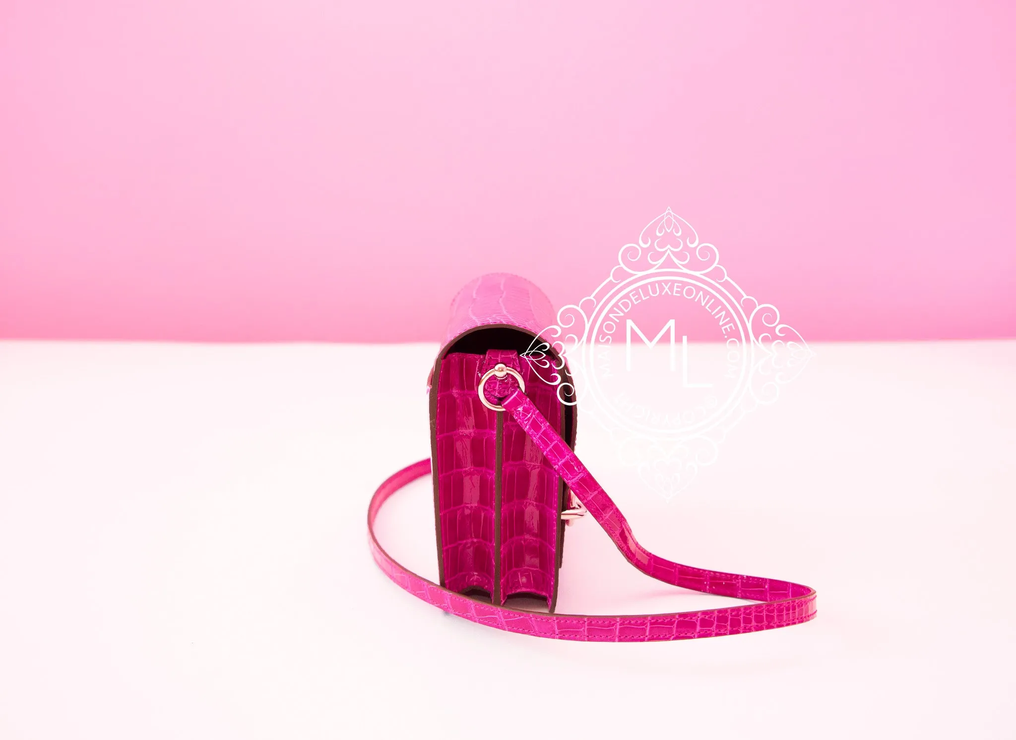 Hermes Roulis Mini 18 Rose Scheherazade Crocodile Alligator Handbag