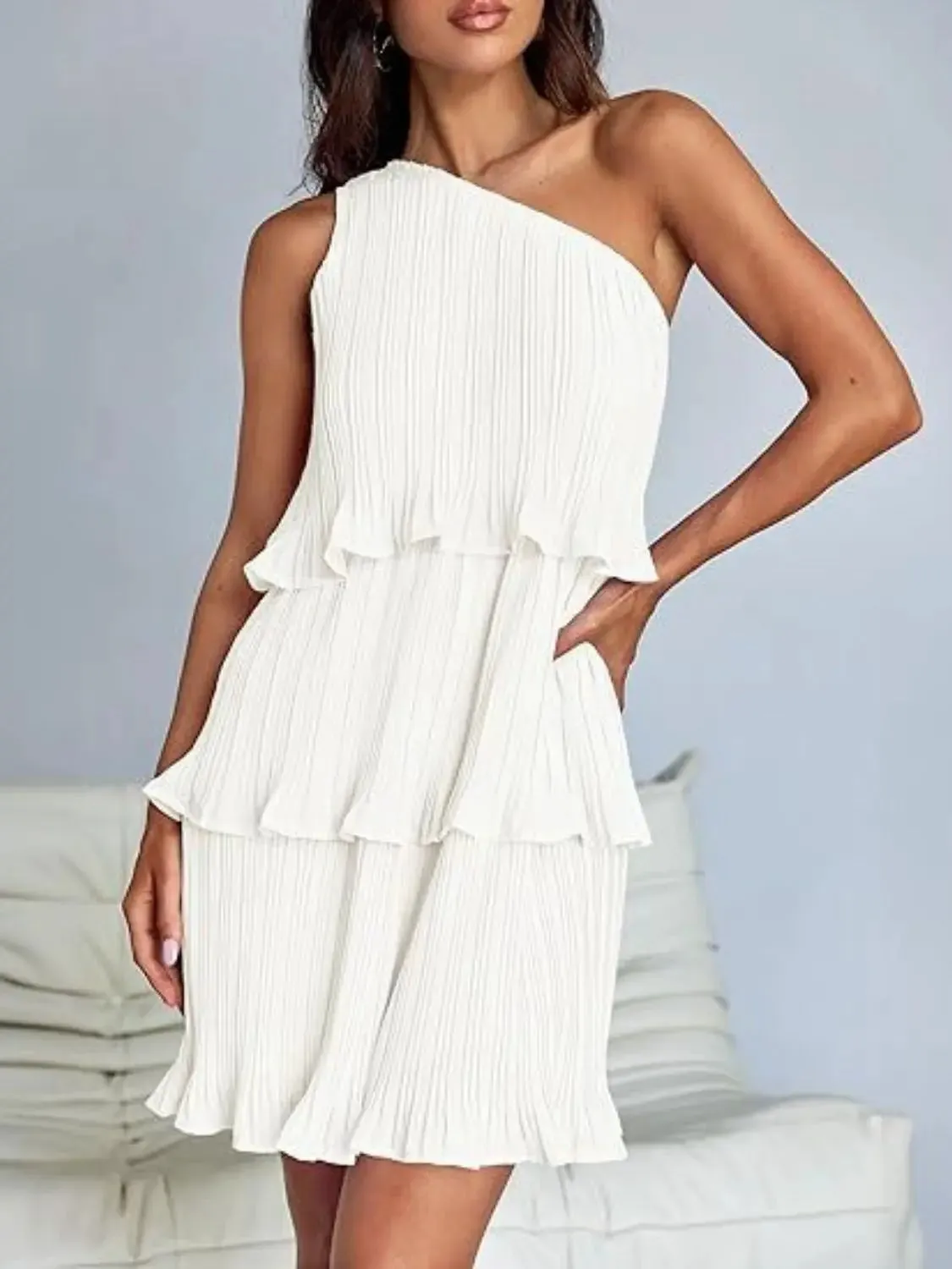 'Hesper' Layered Single Shoulder Mini Dress