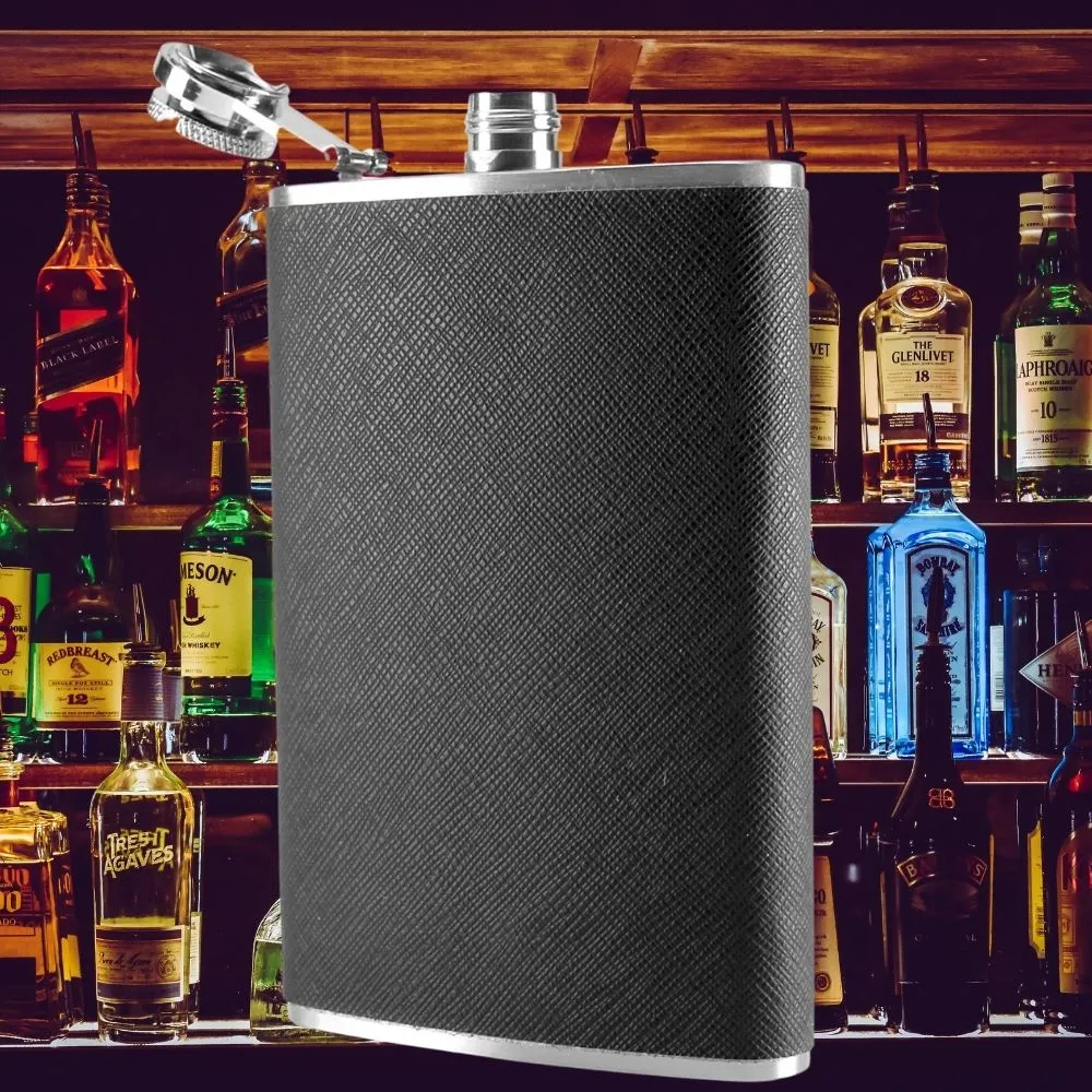 Hip Flask - Luxury Wrapped Stainless Steel, Black - 8 oz
