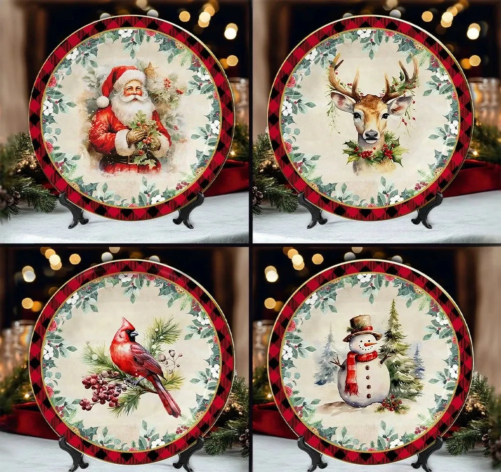 Holiday Cheer Set of 4 Plates with Real Gold Plaid Trim