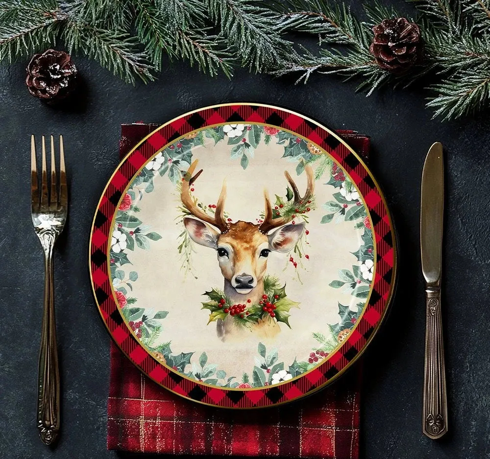 Holiday Cheer Set of 4 Plates with Real Gold Plaid Trim