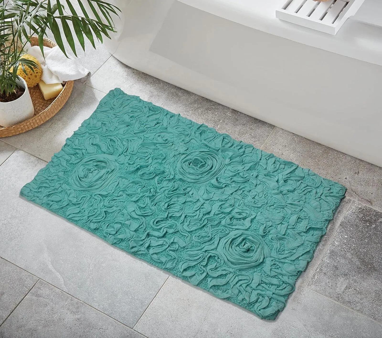 Home Weavers Bell Flower Collection 100% Cotton Tufted Bath Rug Turquoise 24"x40