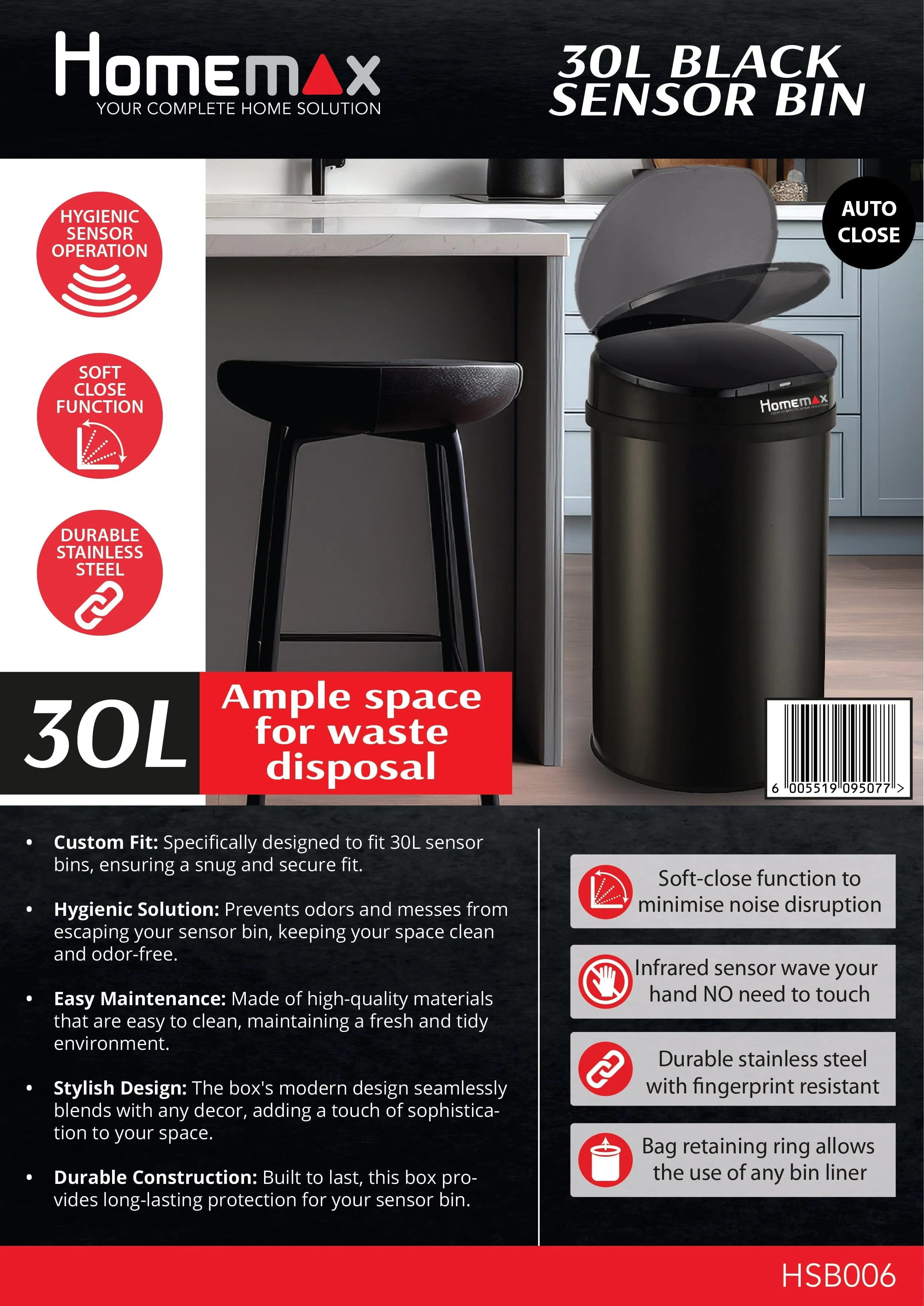 Homemax 30L Black Sensor Bin Round HSB006