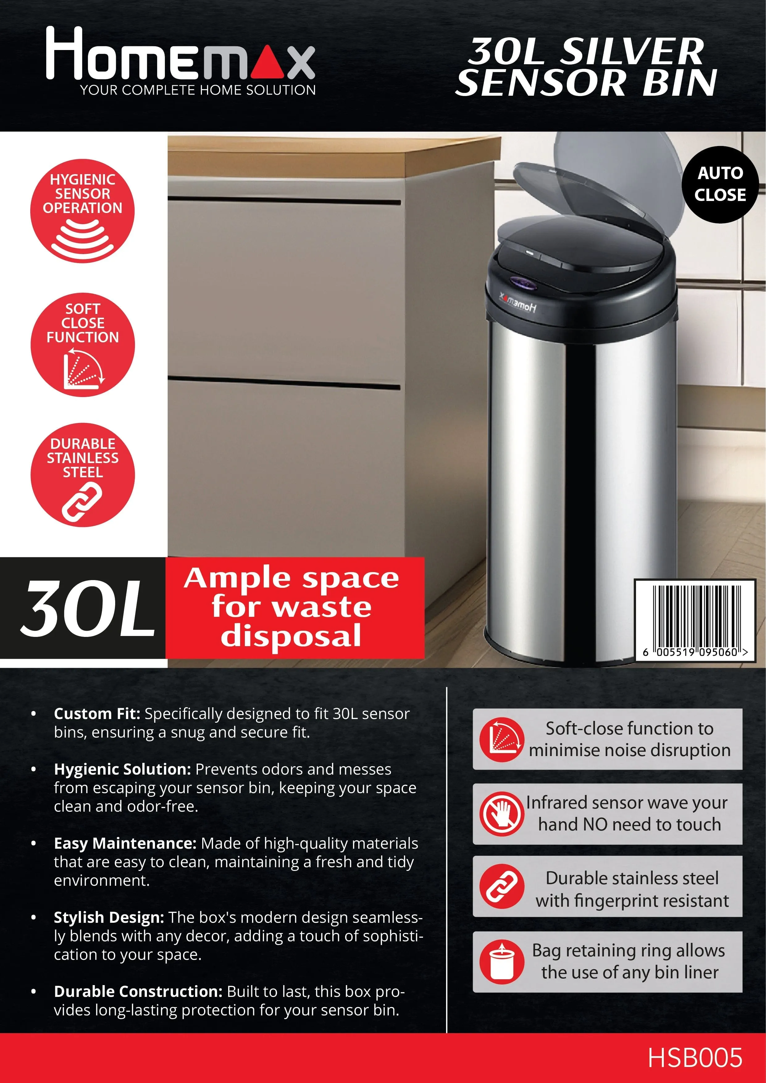 Homemax 30L Silver Sensor Bin Round HSB005