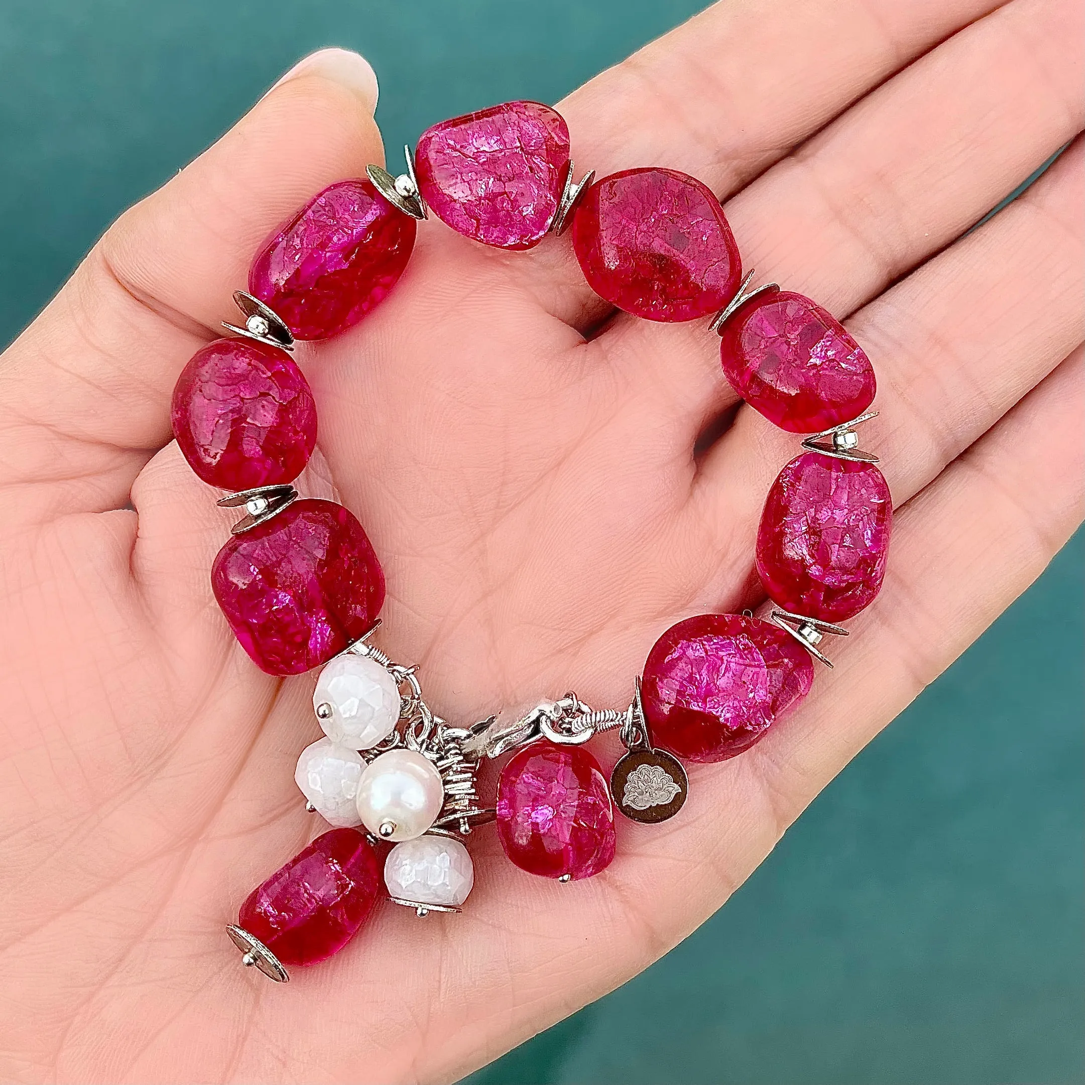 Hot Pink Crackle Quartz, Silverite, and Pearl Bracelet