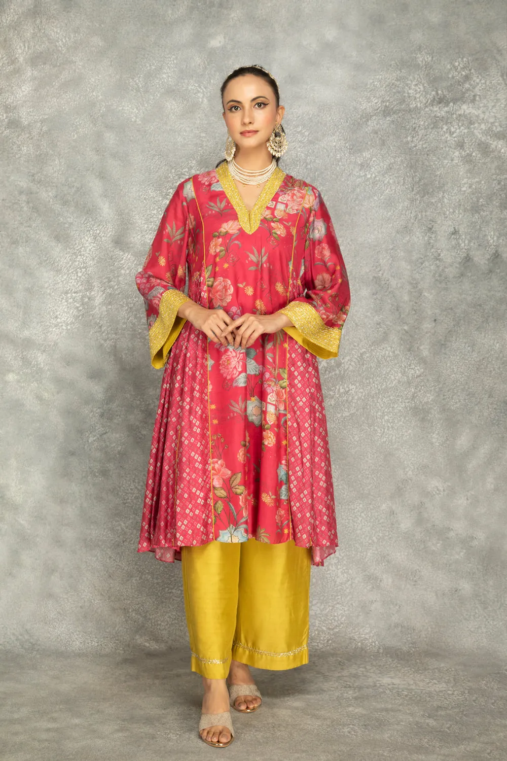 Hot Pink Side Panel Buti Kurta With Scalloping Dupatta