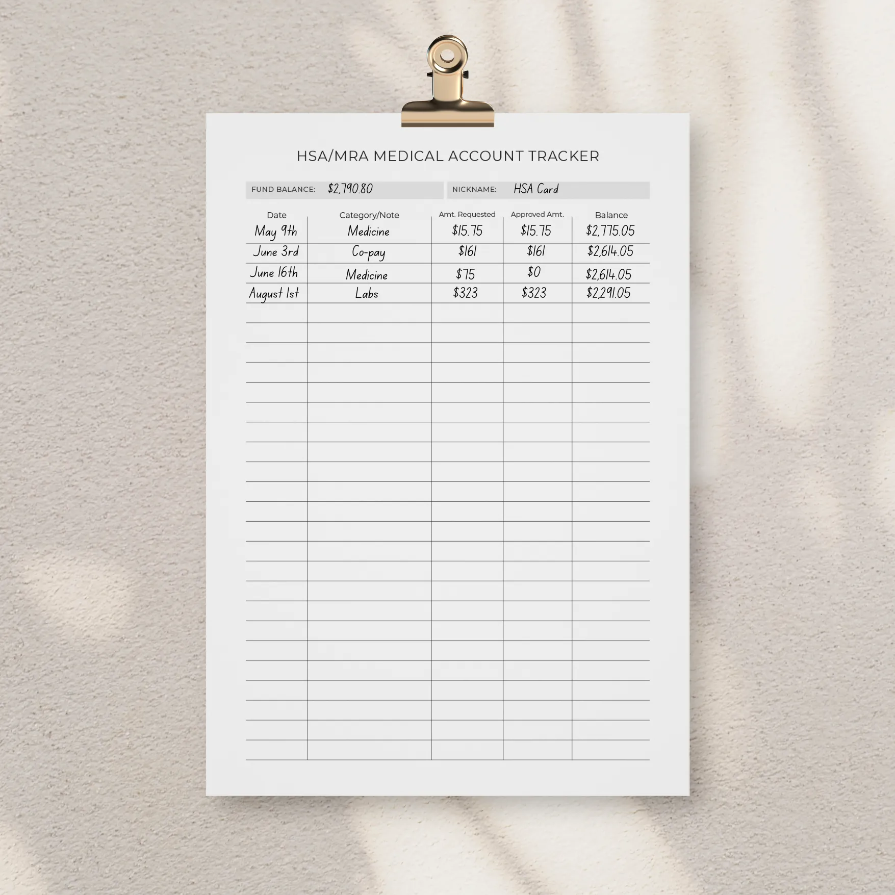 HSA/MRA Medical Account Tracker