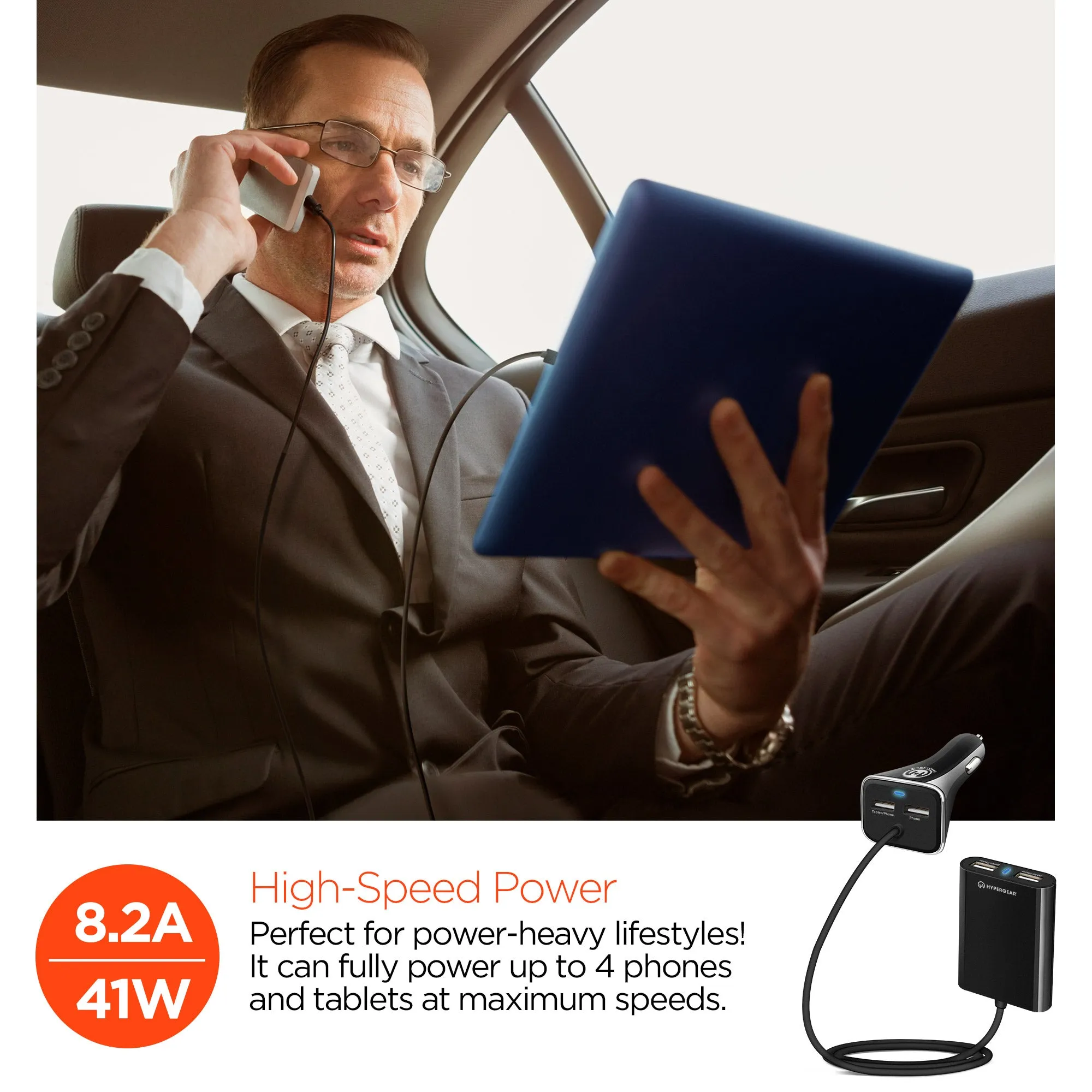 HYPERGEAR Road Runner 4 USB Car Charger 8.2 A