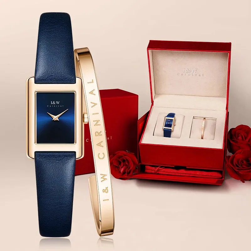 I&W - Gold-Plated Women’s Square Quartz Watch   Free Bracelet