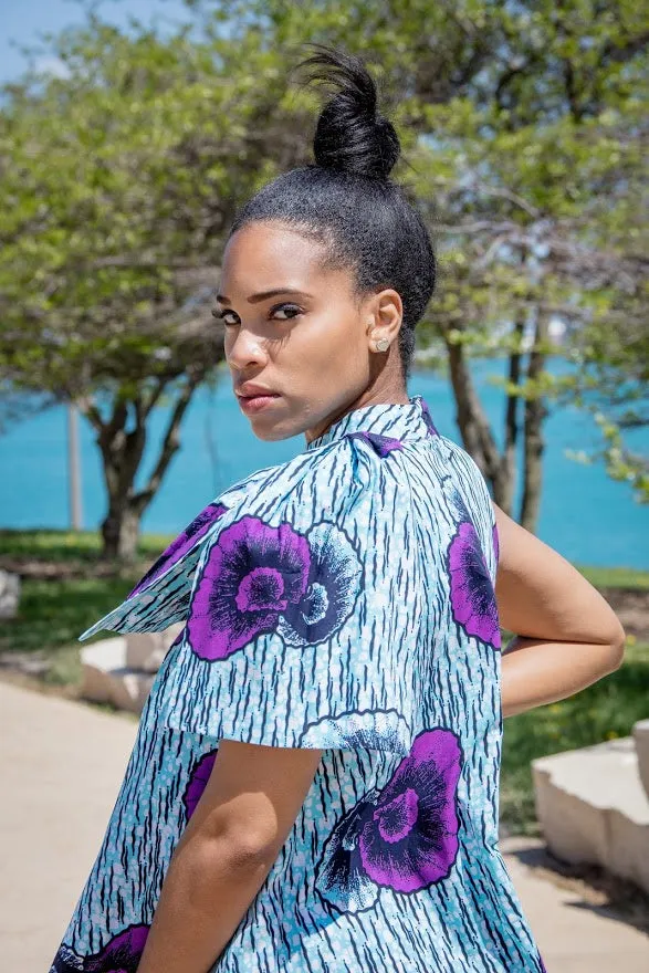 Igbo Dress- Big bow shoulder dress in blue and purple