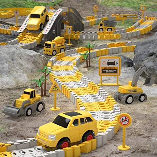 iHaHa 236 PCS Construction Race Tracks for Kids Boys Toys, 6 PCS Construction Car and Flexible Track Playset Create A Engineering Road Gifts for 3 4 5 6 Year Old Boys Girls Best Toys
