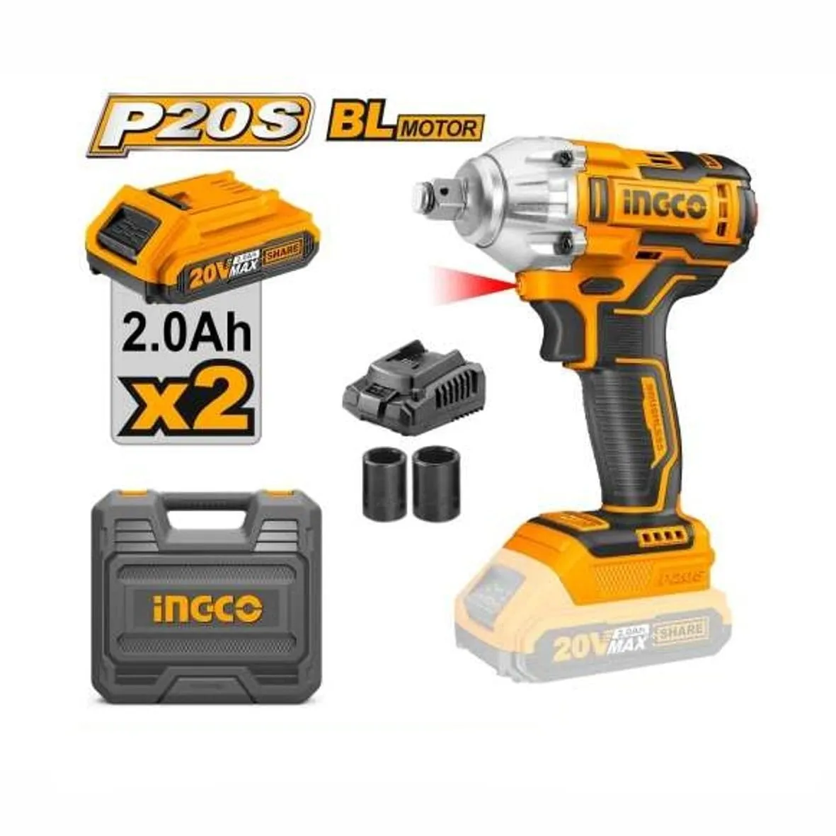 Ingco 1/2" Lithium-Ion Cordless Impact Wrench 300NM with Two 20V 2.0Ah Batteries & Charger - CIWLI2038