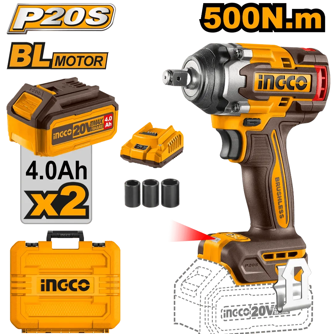 Ingco 1/2" Lithium-Ion Cordless Impact Wrench 500NM with Two 20V 4.0Ah Batteries & Charger - CIWLI2050