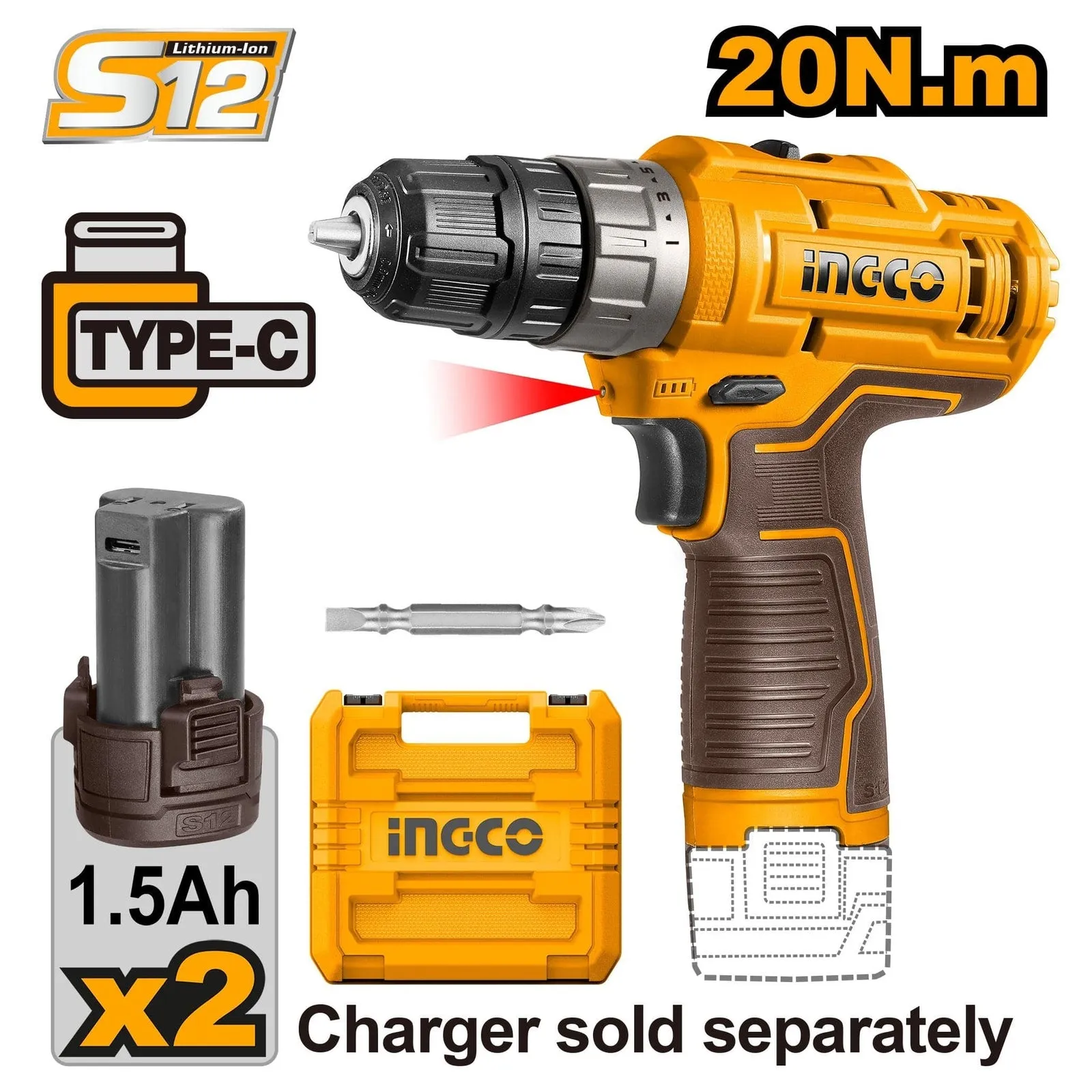 Ingco 12V Lithium-Ion Cordless Drill With 2 Pieces 1.5Ah Battery - CDLI12202