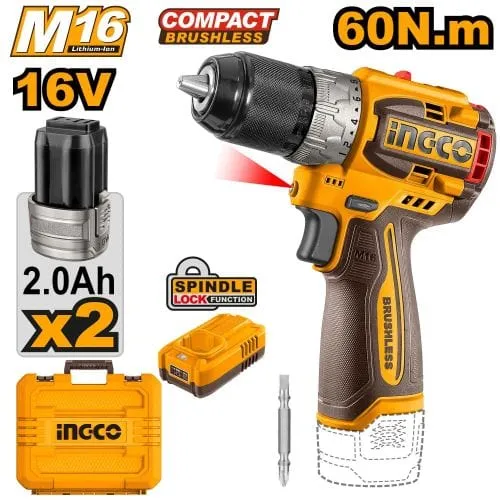 Ingco 16V Lithium-Ion Cordless Drill With 2 Pieces 2.0Ah Battery & Charger- CDLI16682