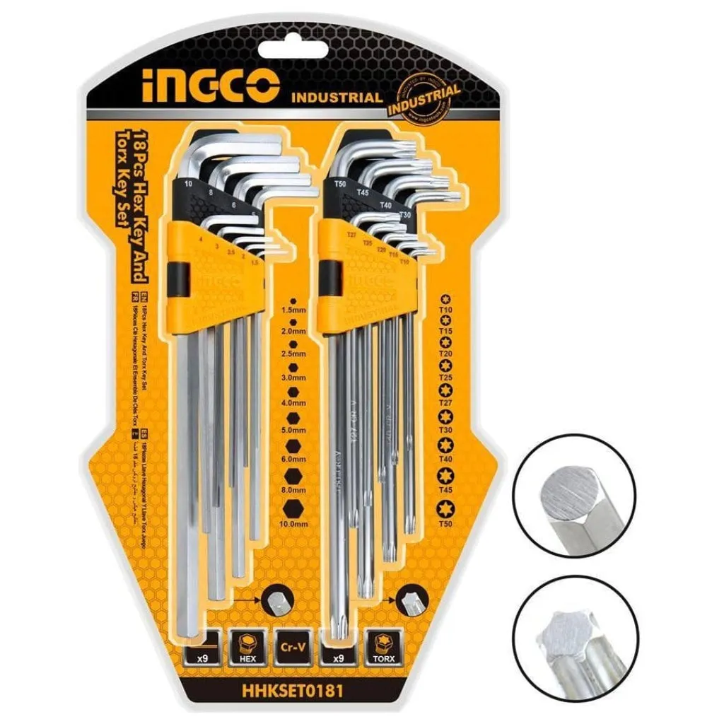 Ingco 18-Piece Hex Key & Torx Key Set with Extra-Long Arms - HHKSET0181