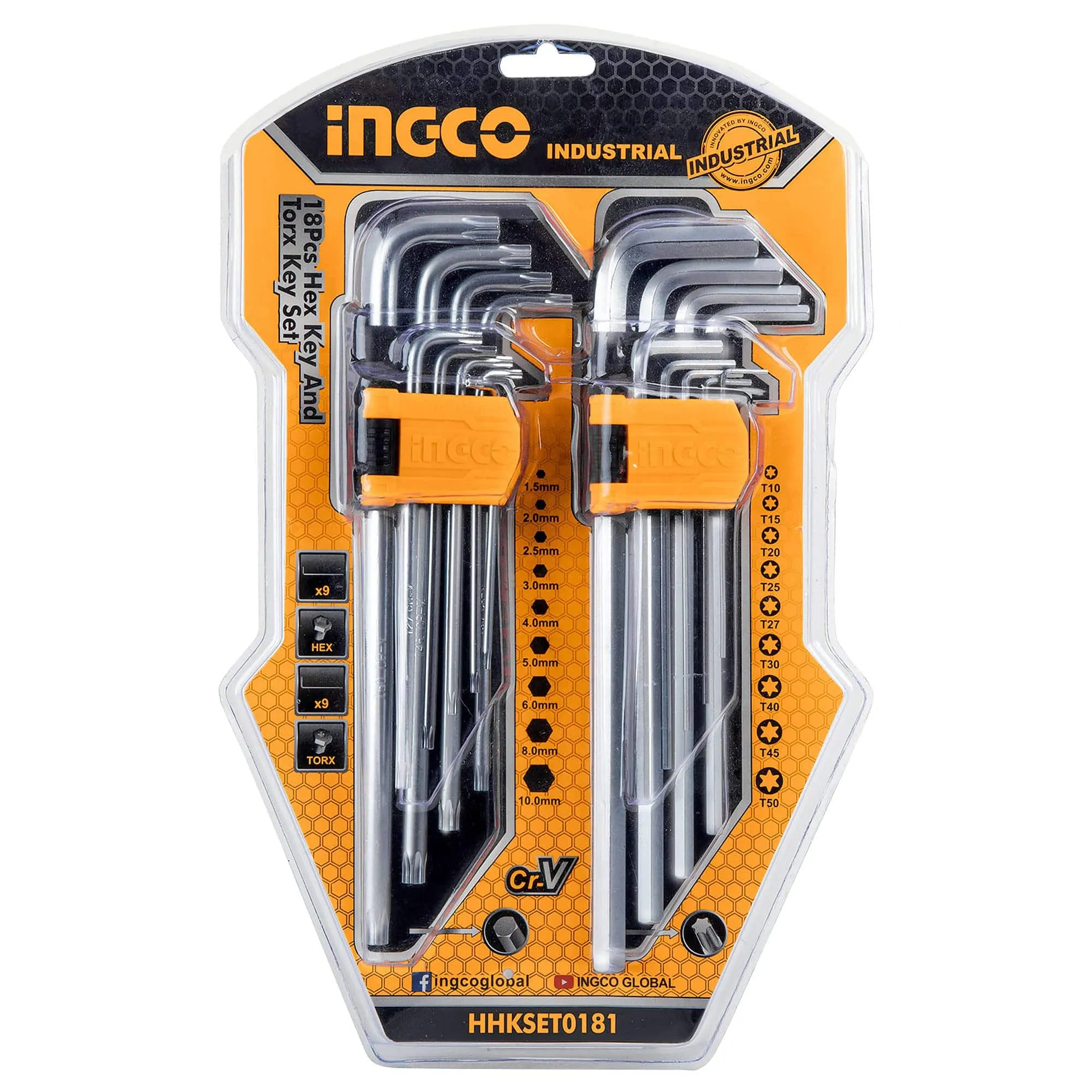 Ingco 18-Piece Hex Key & Torx Key Set with Extra-Long Arms - HHKSET0181