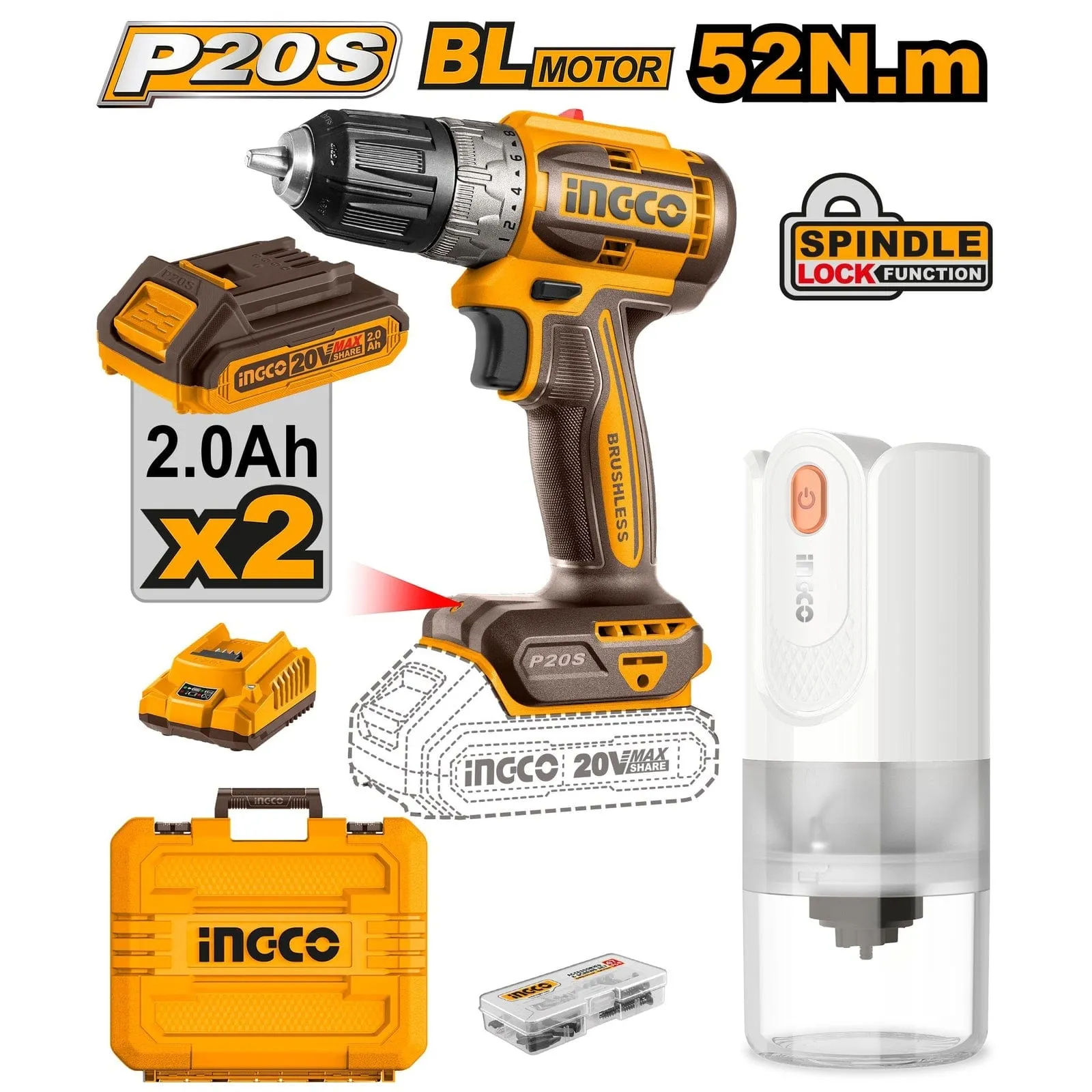 Ingco 20V Lithium-Ion Brushless Cordless Drill & Coffee Grinder Combo Kit Set - COSLI240315