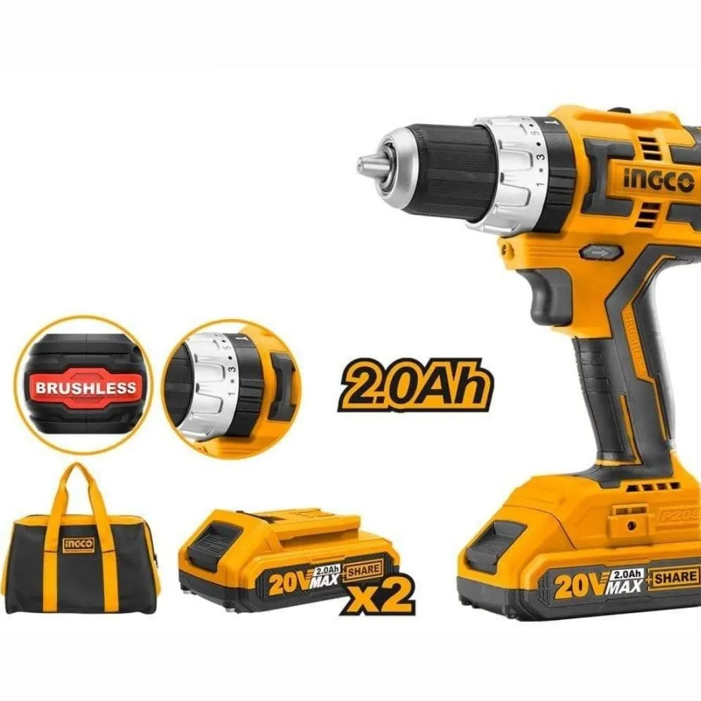 Ingco Lithium-Ion Cordless Brushless Hammer Impact Drill 20V - CIDLI20608