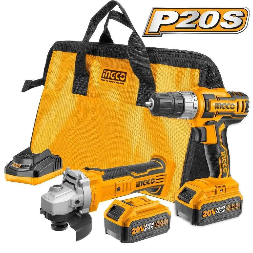 Ingco Lithium-Ion Cordless Drill & 4.5"/115mm Cordless Angle Grinder Combo Kit 20V - CKLI2009