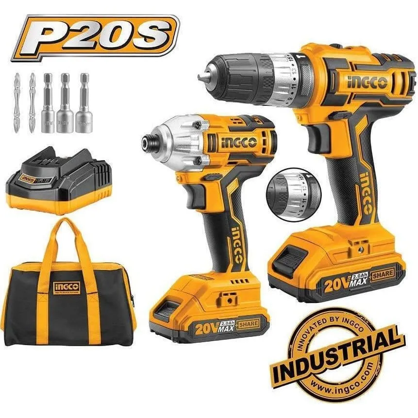 Ingco Lithium-Ion Cordless Drill   Hammer Impact Drill Combo Kit 20V - CKLI2006