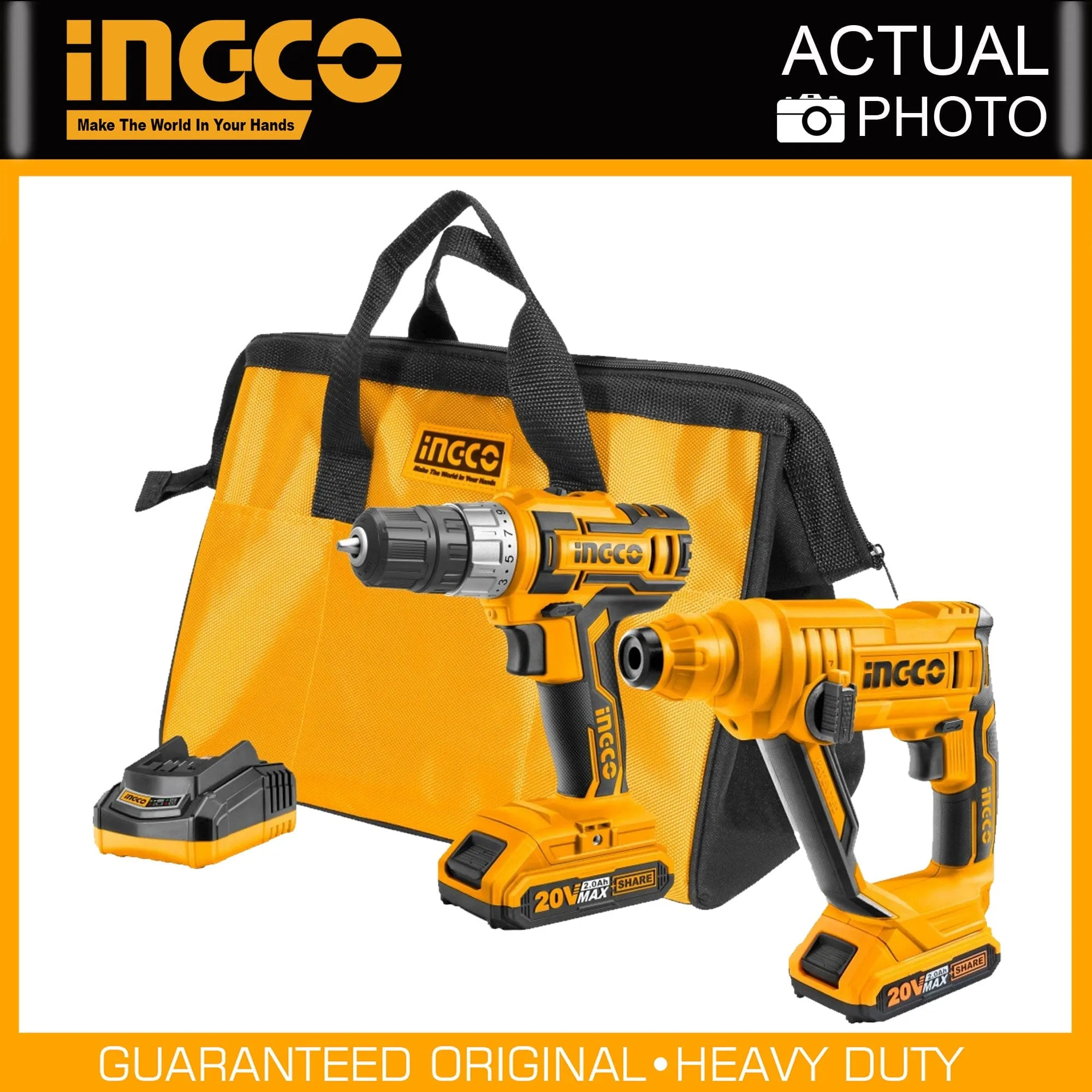 Ingco Lithium-Ion Cordless Drill   Rotary Hammer Combo Kit 20V - CKLI2008