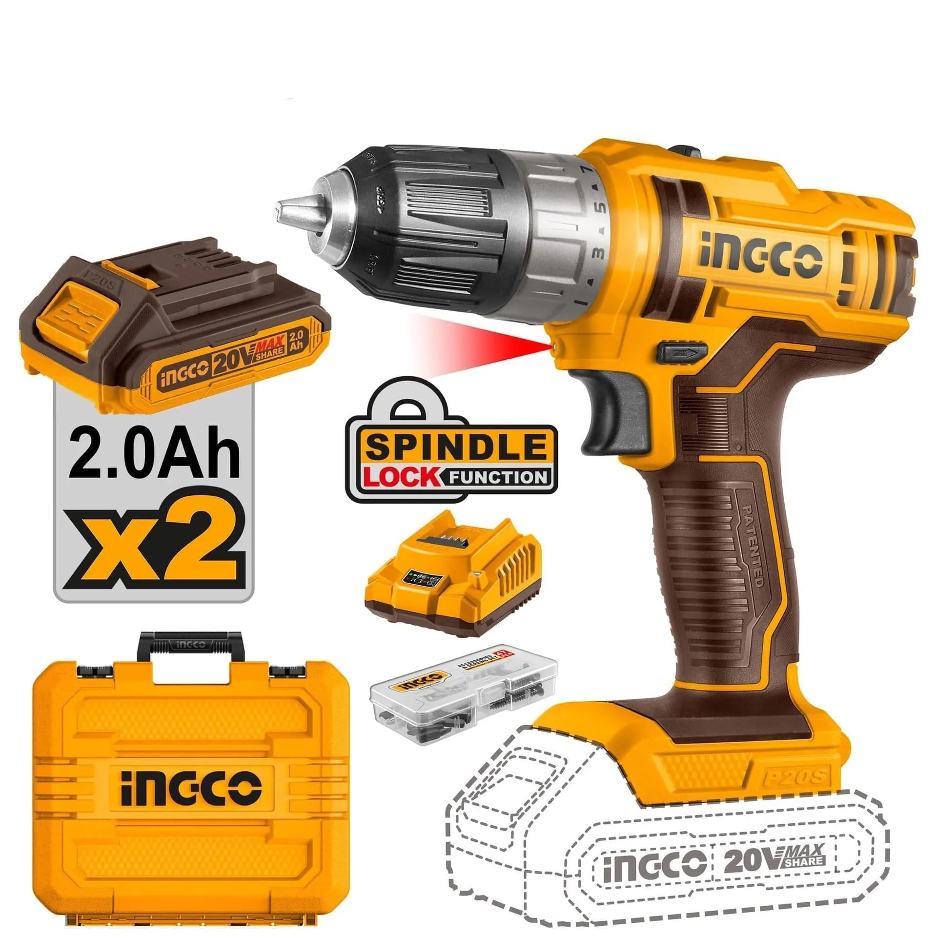 Ingco Lithium-Ion Cordless Drill with Two 20V 2.0Ah Batteries & Charger - CDLI200528