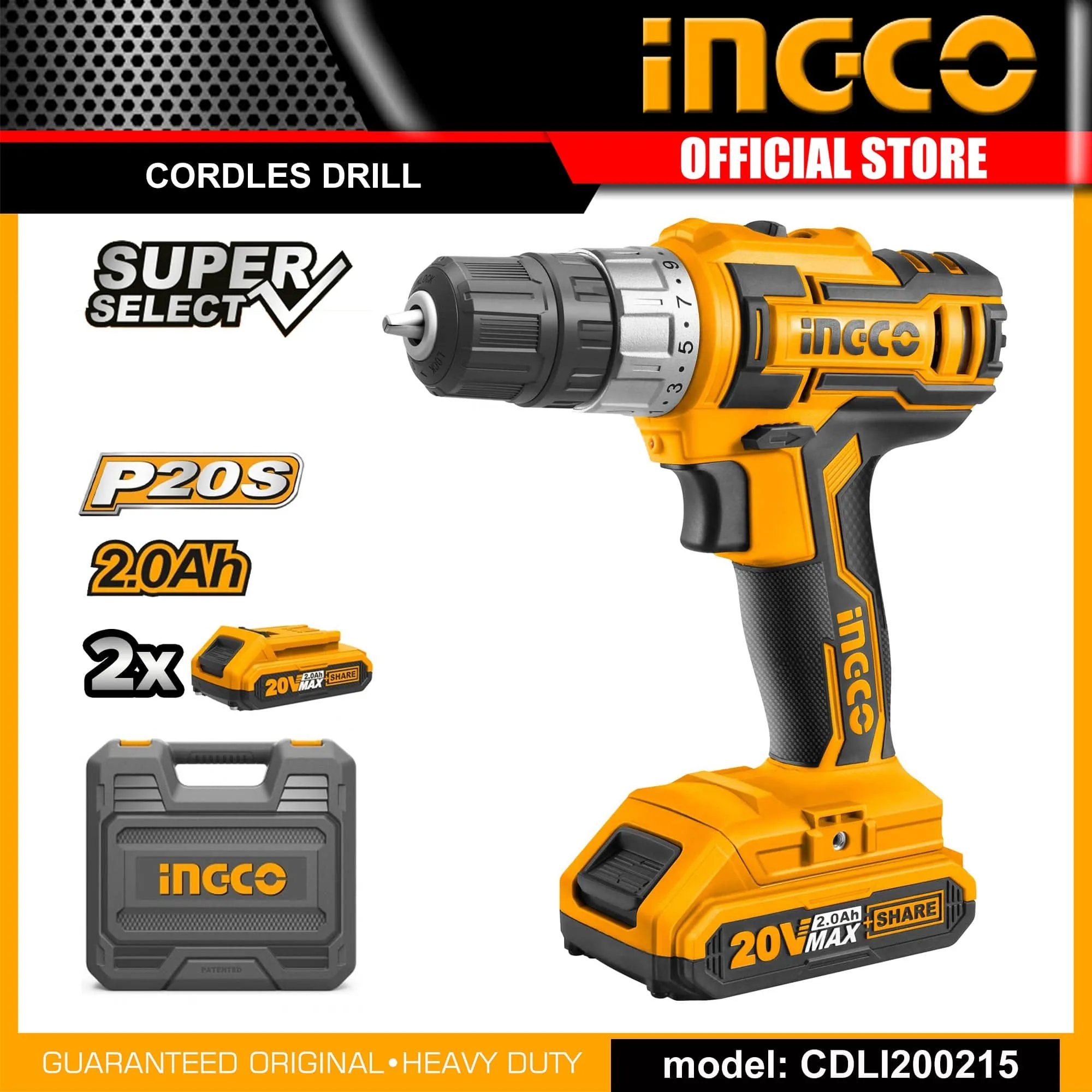 Ingco Lithium-Ion Cordless Drill with Two 20V Batteries - CDLI200215