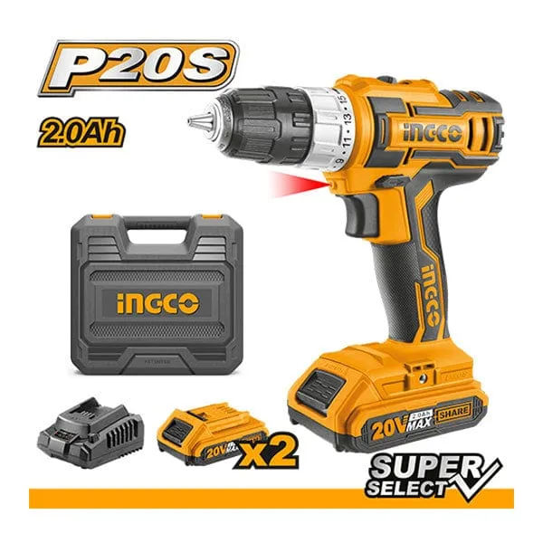 Ingco Lithium-Ion Cordless Drill with Two 20V Batteries - CDLI200215