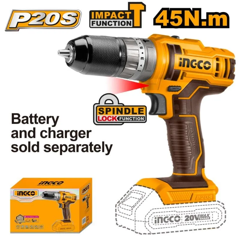 Ingco Lithium-Ion Cordless Hammer Impact Drill 20V - CIDLI201455
