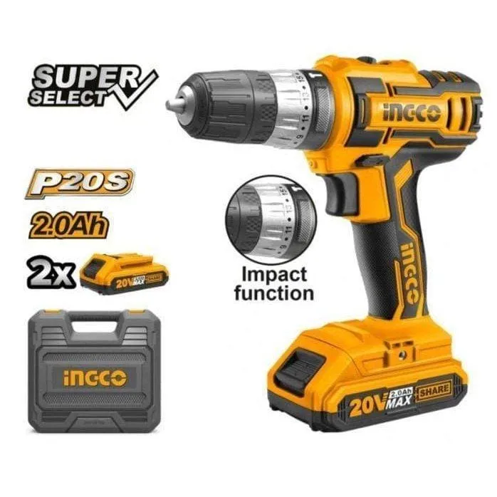 Ingco Lithium-Ion Cordless Hammer Impact Drill with Two 20V 2.0Ah Batteries & Charger - CIDLI200215